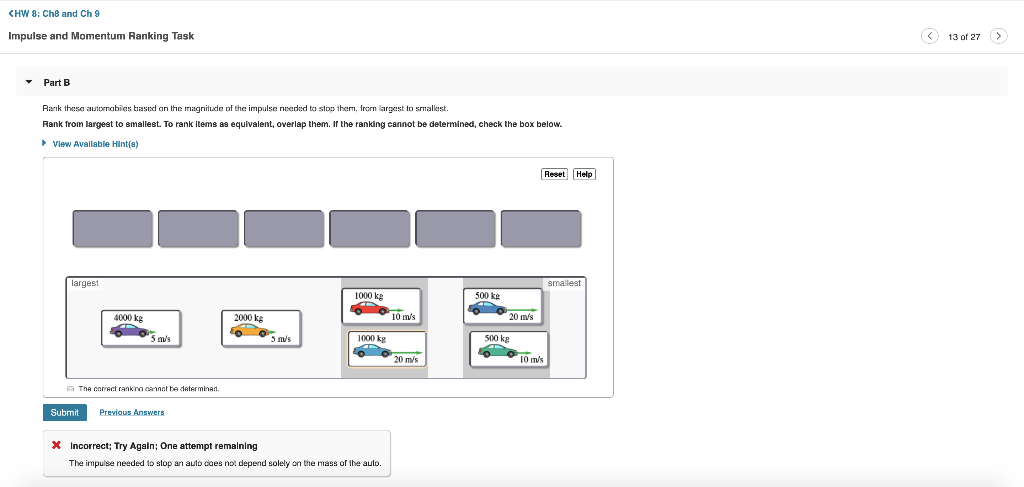 Solved KHW 8: Ch8 and Ch 9 Impulse and Momentum Ranking Task | Chegg.com