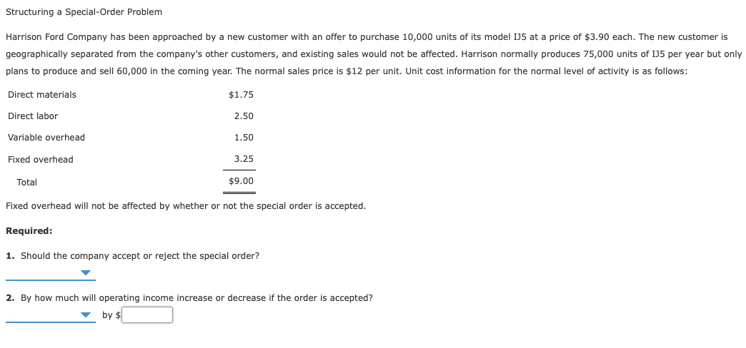 Solved Structuring a Special-Order Problem Harrison Ford | Chegg.com