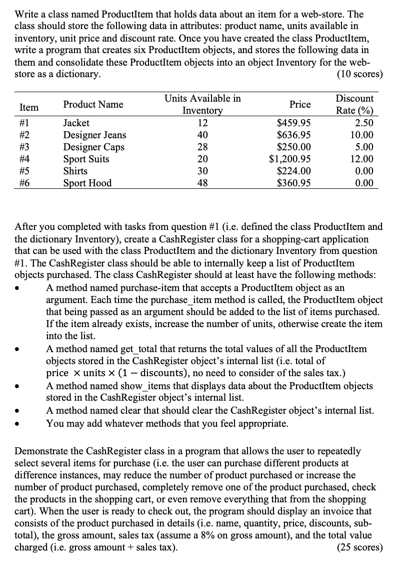 Solved Write a class named ProductItem that holds data about | Chegg.com