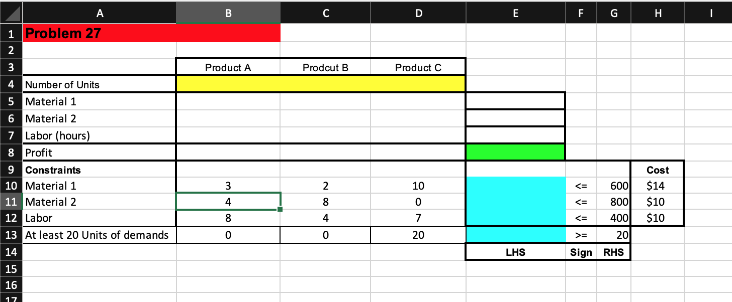 Solved A B C D E F G н I 1 Problem 27 2 3 Product A Prodcut | Chegg.com