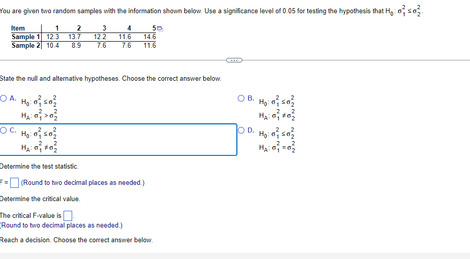 Solved You are given two random samples with the information | Chegg.com