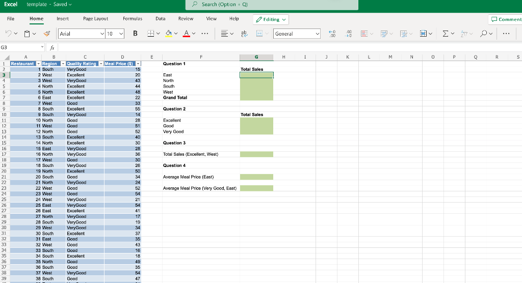 Excel template - Saved Search (Option Q) File Home | Chegg.com