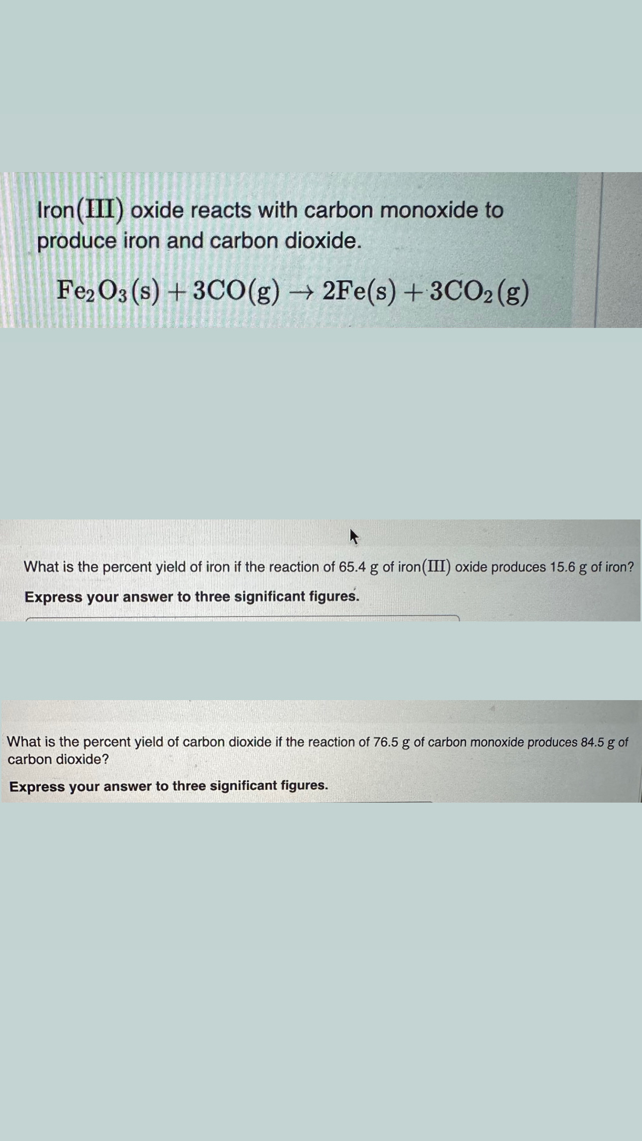 Solved Iron(III) oxide reacts with carbon monoxide to