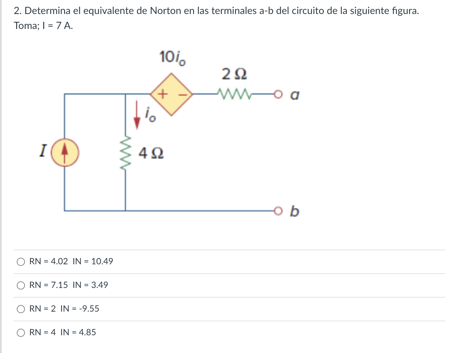 2. Determina el equivalente de Norton en las terminales \( a-b \) del circuito de la siguiente figura. Toma; I = 7 A. \[ \beg