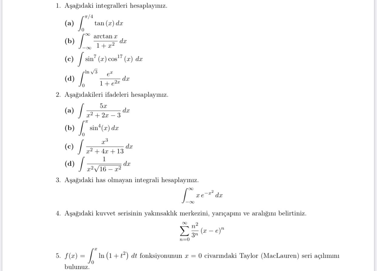 1 Asagidaki Integralleri Hesaplayiniz A S Tan Chegg Com