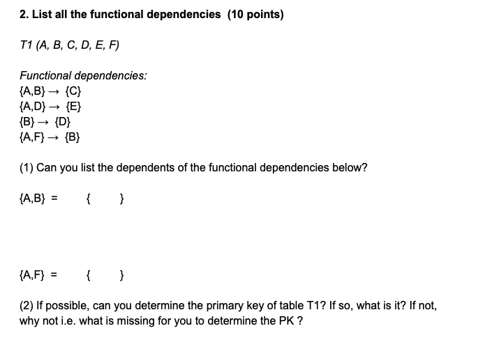 Solved 2. List All The Functional Dependencies (10 Points) | Chegg.com