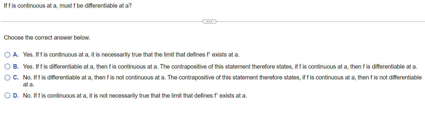 Solved If f is differentiable at a, must f be continuous at | Chegg.com