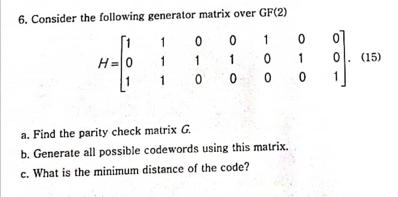 Solved 6 Consider The Following Generator Matrix Over Gf 2 Chegg