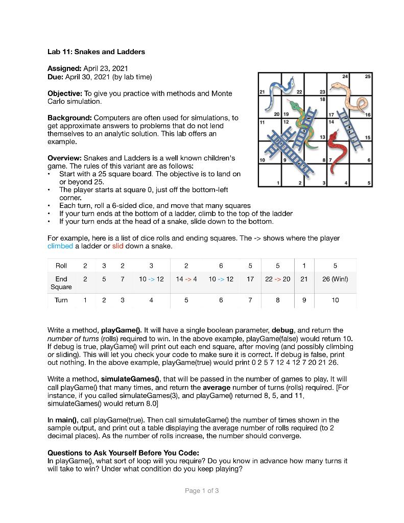 Solved Lab 11: Snakes and Ladders Assigned: April 23, 2021 | Chegg.com