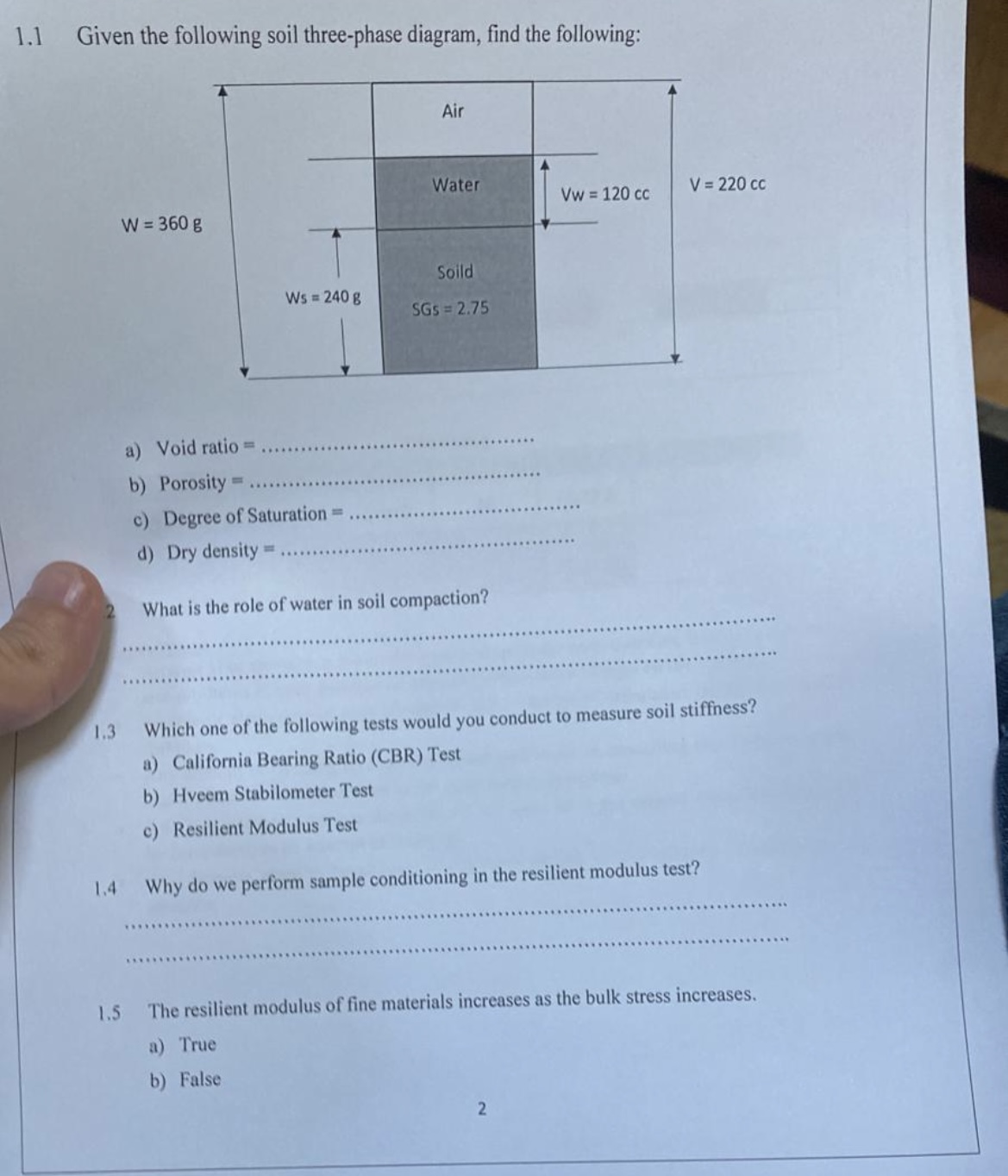 Given the following soil three-phase diagram, find the following:
a) Void ratio \( = \)
b) Porosity \( = \)
c) Degree of Satu