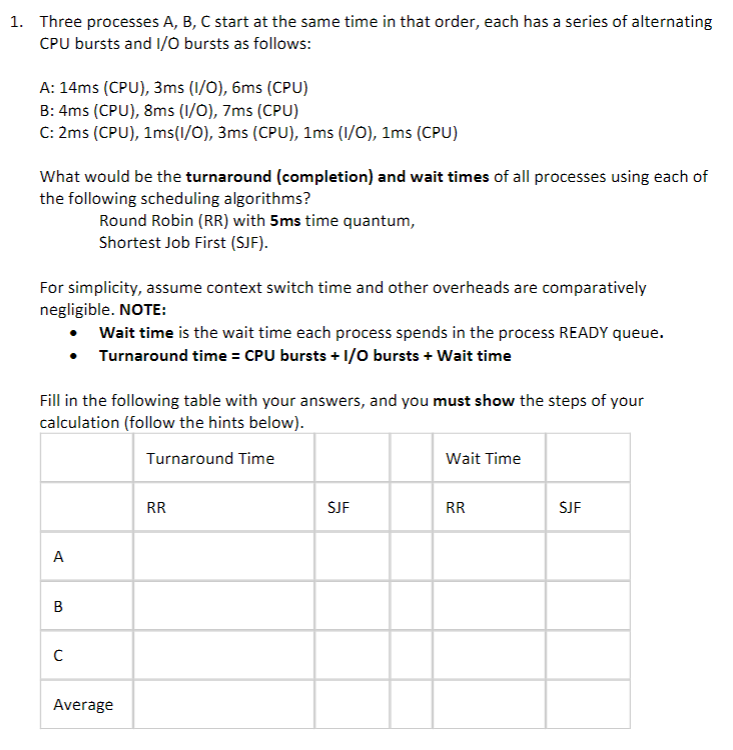 Solved 1. Three Processes A, B, C Start At The Same Time In | Chegg.com