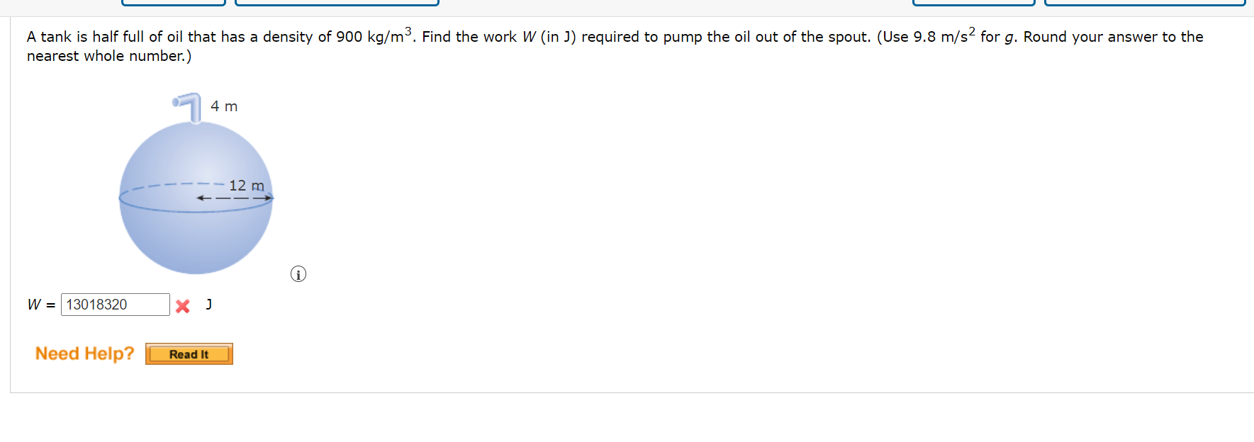 Solved A tank is half full of oil that has a density of 900