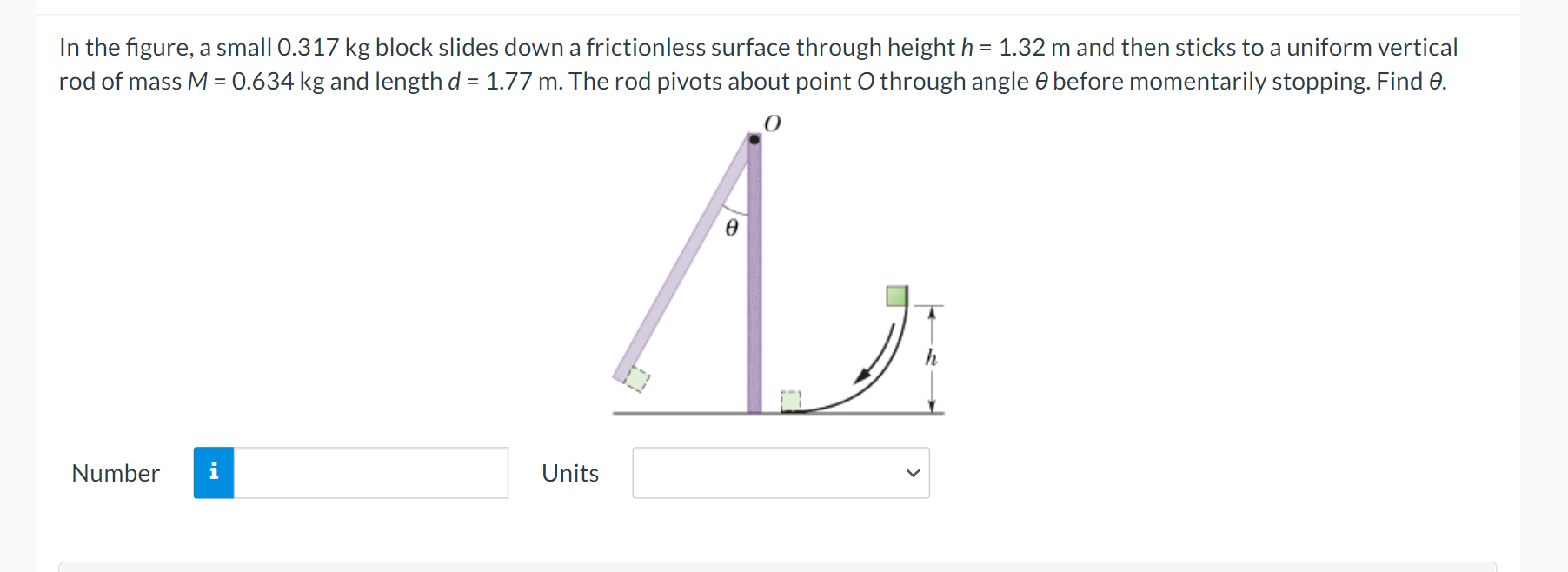 In the figure, a small \( 0.317 \mathrm{~kg} \) block slides down a frictionless surface through height \( h=1.32 \mathrm{~m}