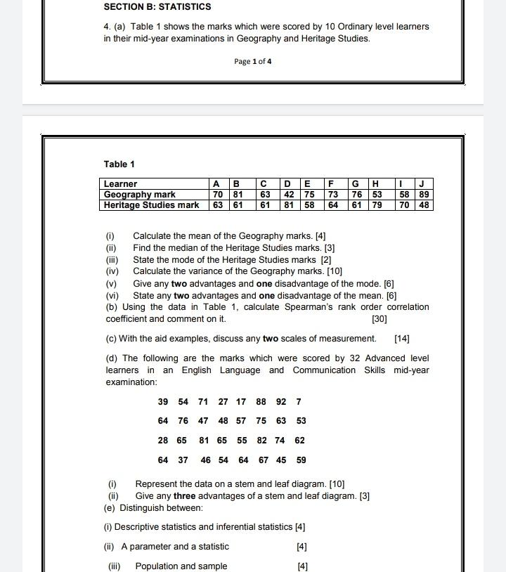 Solved SECTION B: STATISTICS 4. (a) Table 1 Shows The Marks | Chegg.com