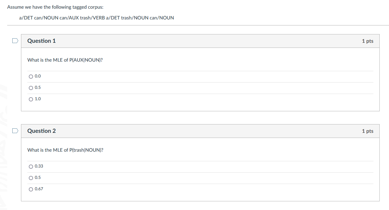Solved Assume we have the following tagged corpus: a/DET | Chegg.com