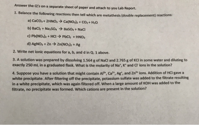 Solved Lab Report. 1. Balance the following reactions then | Chegg.com