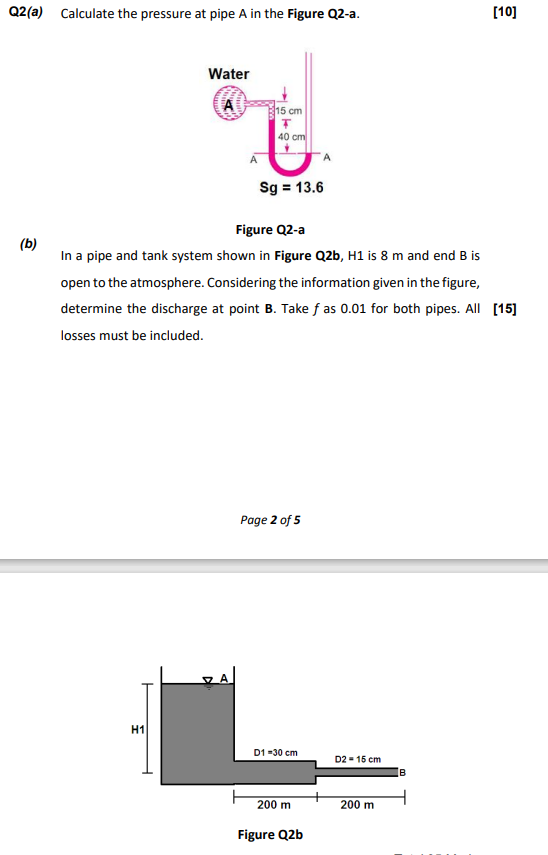 Solved Q2(a) Calculate The Pressure At Pipe A In The Figure | Chegg.com