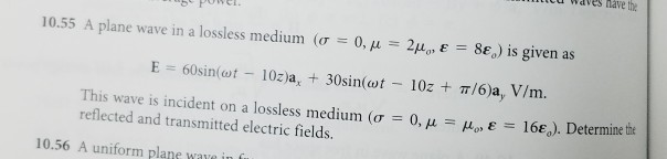 Solved u waves have the 10.55 A plane wave in a lossless | Chegg.com