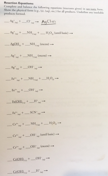 Solved Reaction Equations: Complete and balance the | Chegg.com