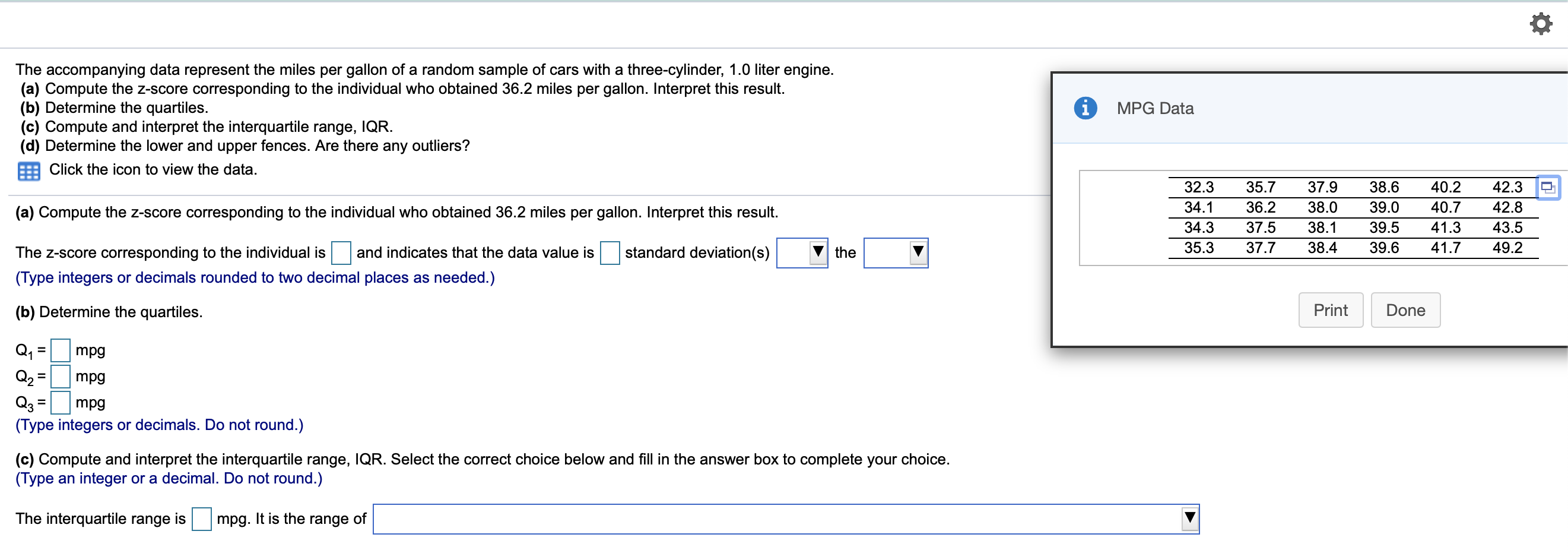 Solved i MPG Data The accompanying data represent the miles | Chegg.com