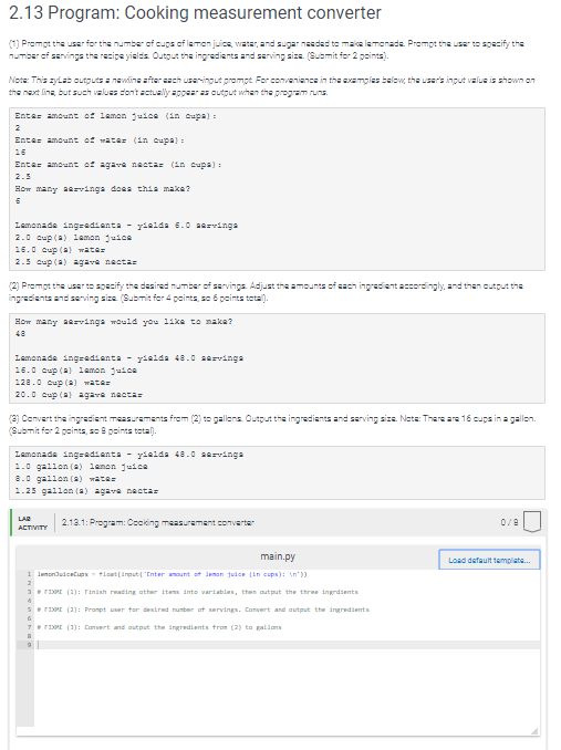 Solved 2.13 Program: Cooking measurement converter 2E 2.5 20 | Chegg.com