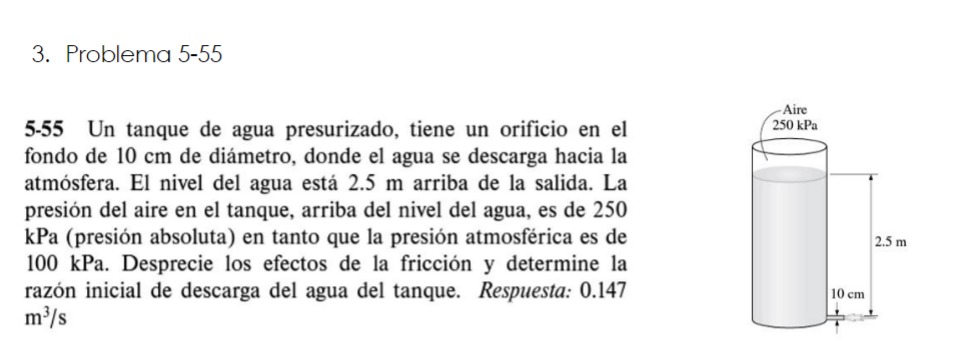 5-55 Un tanque de agua presurizado, tiene un orificio en el fondo de \( 10 \mathrm{~cm} \) de diámetro, donde el agua se desc