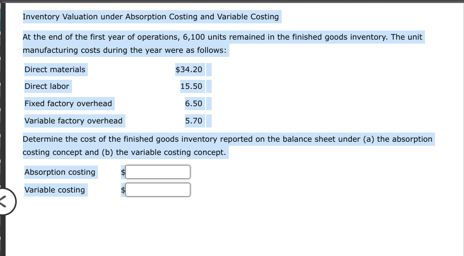 Solved Inventory Valuation under Absorption Costing and | Chegg.com