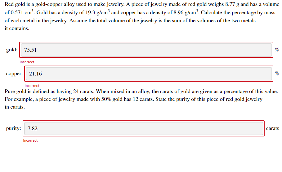Solved Red gold is a goldcopper alloy used to make jewelry.