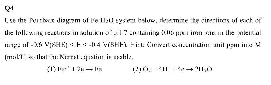 Solved Q4 Use the Pourbaix diagram of Fe-H20 system below, | Chegg.com