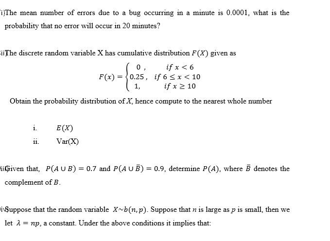 Solved i)The mean number of errors due to a bug occurring in | Chegg.com