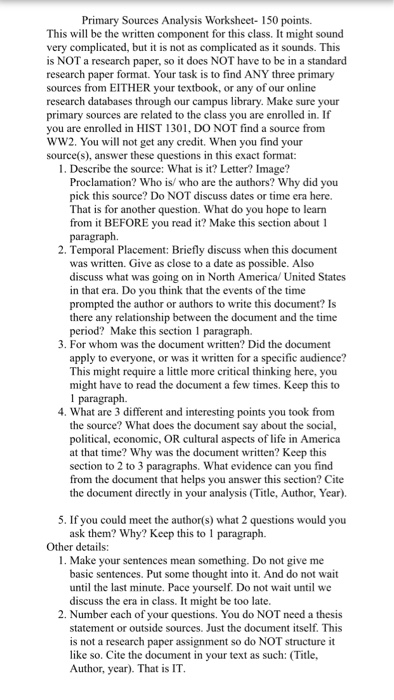 Primary Sources Analysis Worksheet- 150 points. This | Chegg.com