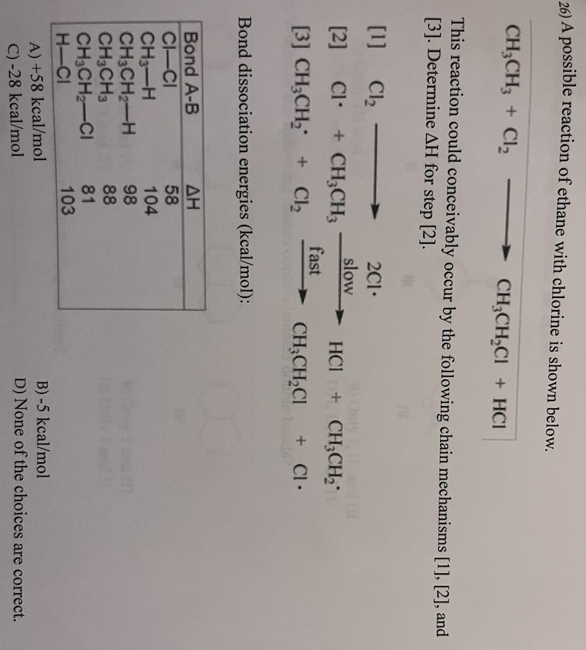 Solved 26 A Possible Reaction Of Ethane With Chlorine Is