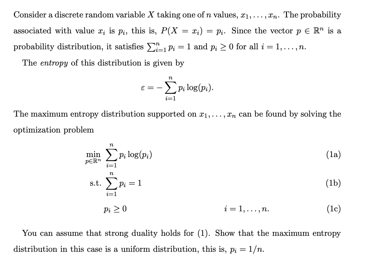 Consider a discrete random variable X taking one of n | Chegg.com