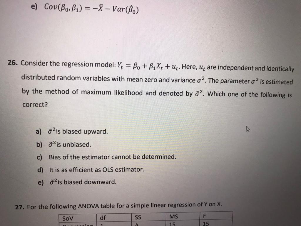 Solved E Cov Bo B1 Var Ss 26 Consider The Regr Chegg Com