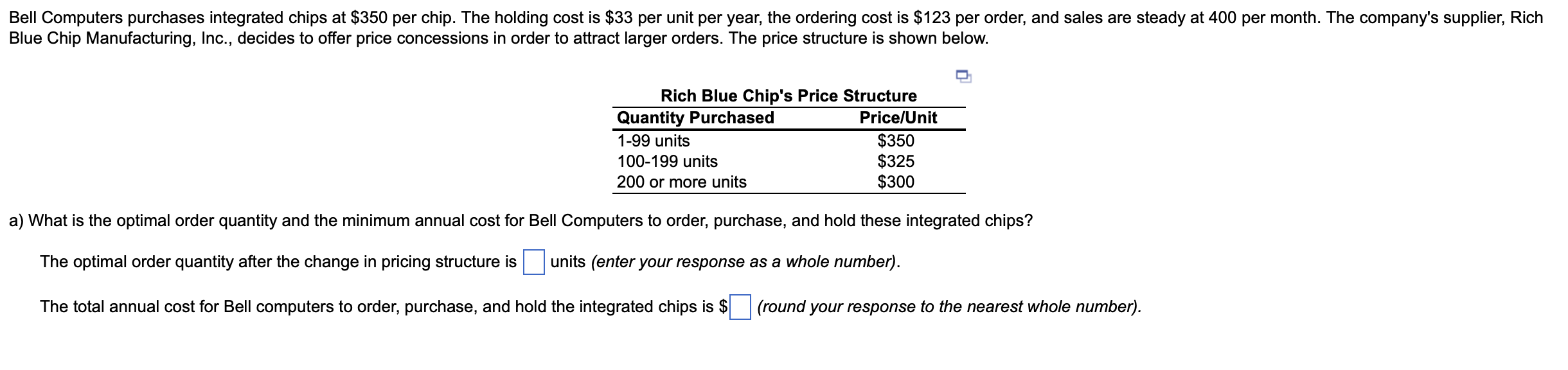 Solved Bell Computers purchases integrated chips at $350 per | Chegg ...