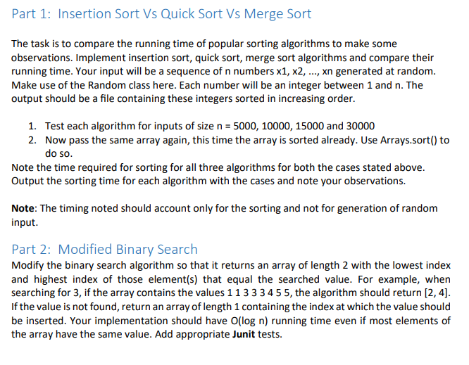 Solved part 1 insertion sort vs quick sort vs merge sort chegg