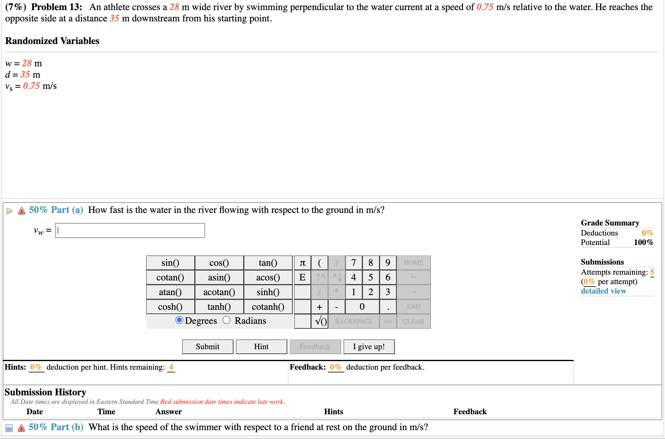 Solved (7\%) Problem 13: An Athlete Crosses A 28 M Wide | Chegg.com