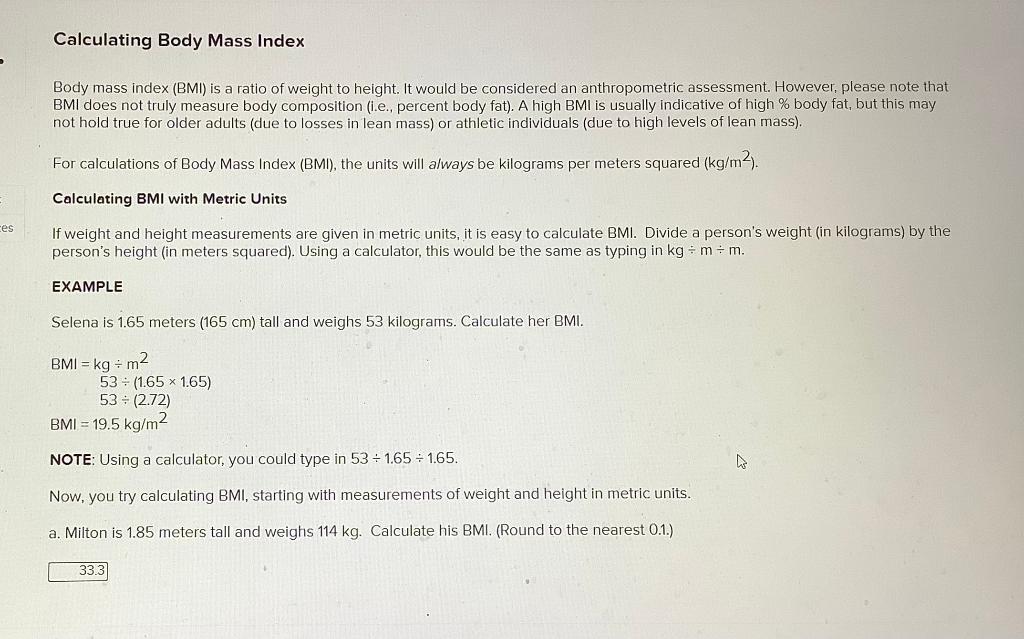 Solved Calculating Body Mass Index Body mass index (BMI) is