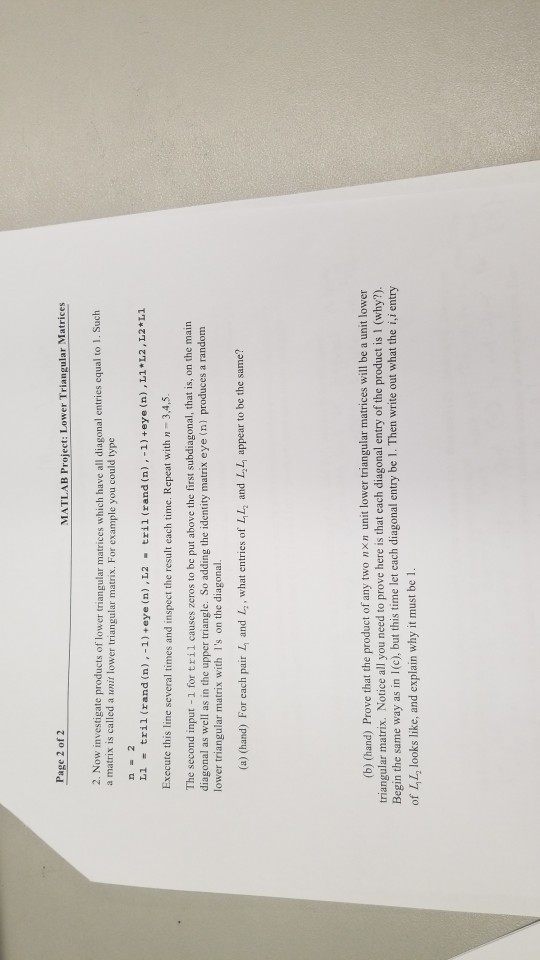 Page 2 of 2 MATLAB Project: Lower Triangular Matrices | Chegg.com