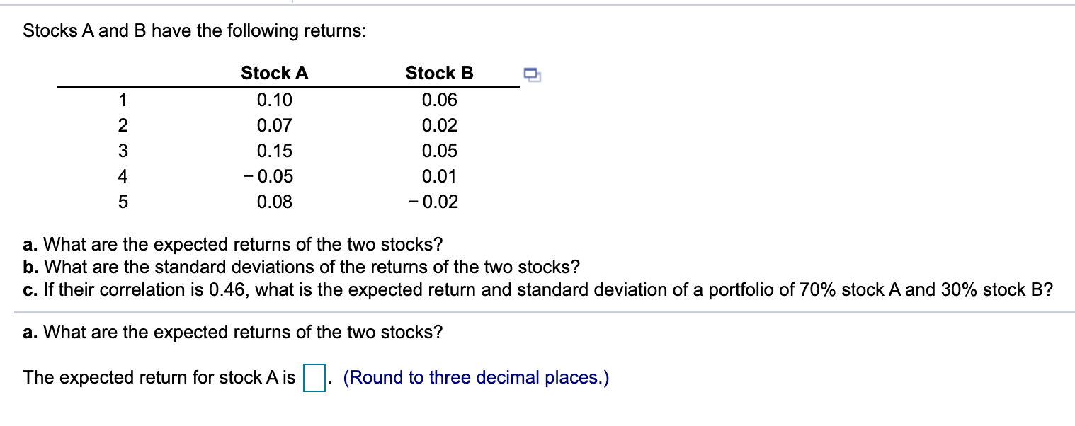 Solved Stocks A And B Have The Following Returns: Stock A | Chegg.com