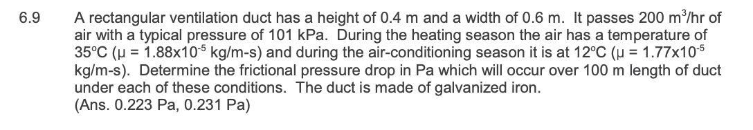 Solved 6.9 A rectangular ventilation duct has a height of | Chegg.com