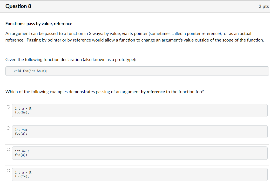 Solved Question 8 2 pts Functions: pass by value, reference | Chegg.com