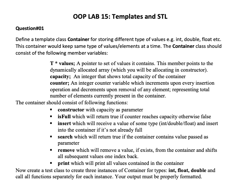 Solved OOP LAB 15 Templates and STL Question01 Define a
