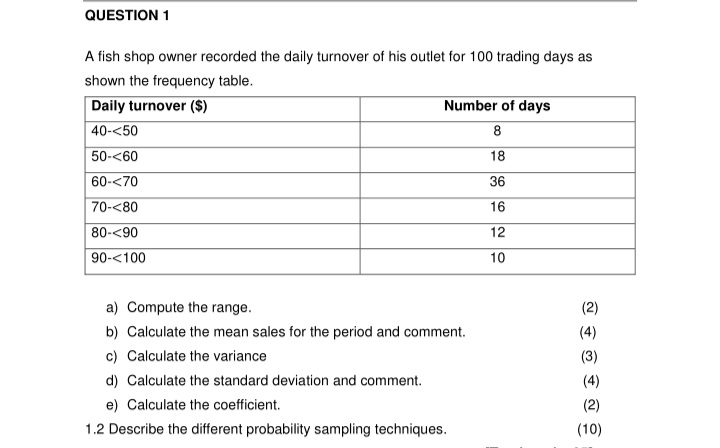 Solved A fish shop owner recorded the daily turnover of his | Chegg.com