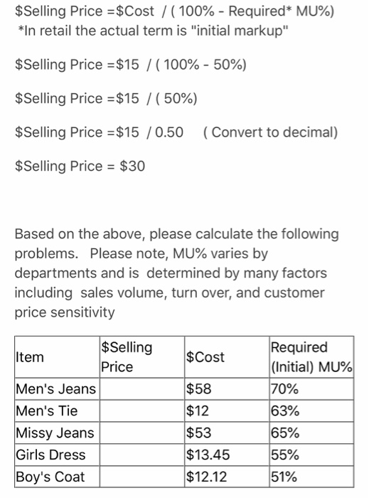 unit selling price formula