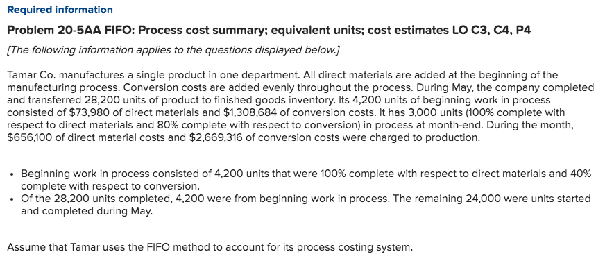 Solved Required information Problem 20-5AA FIFO: Process | Chegg.com