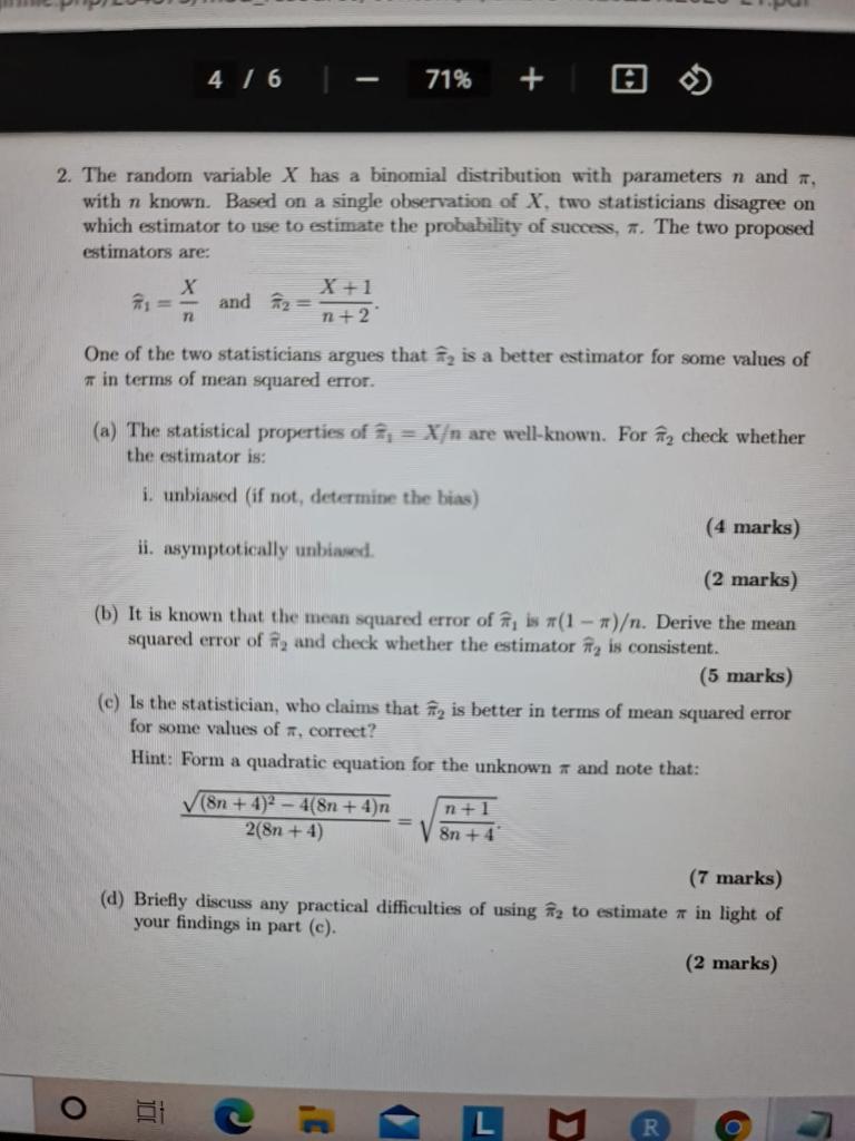 Solved 4 / 6 71% + 2. The random variable X has a binomial | Chegg.com