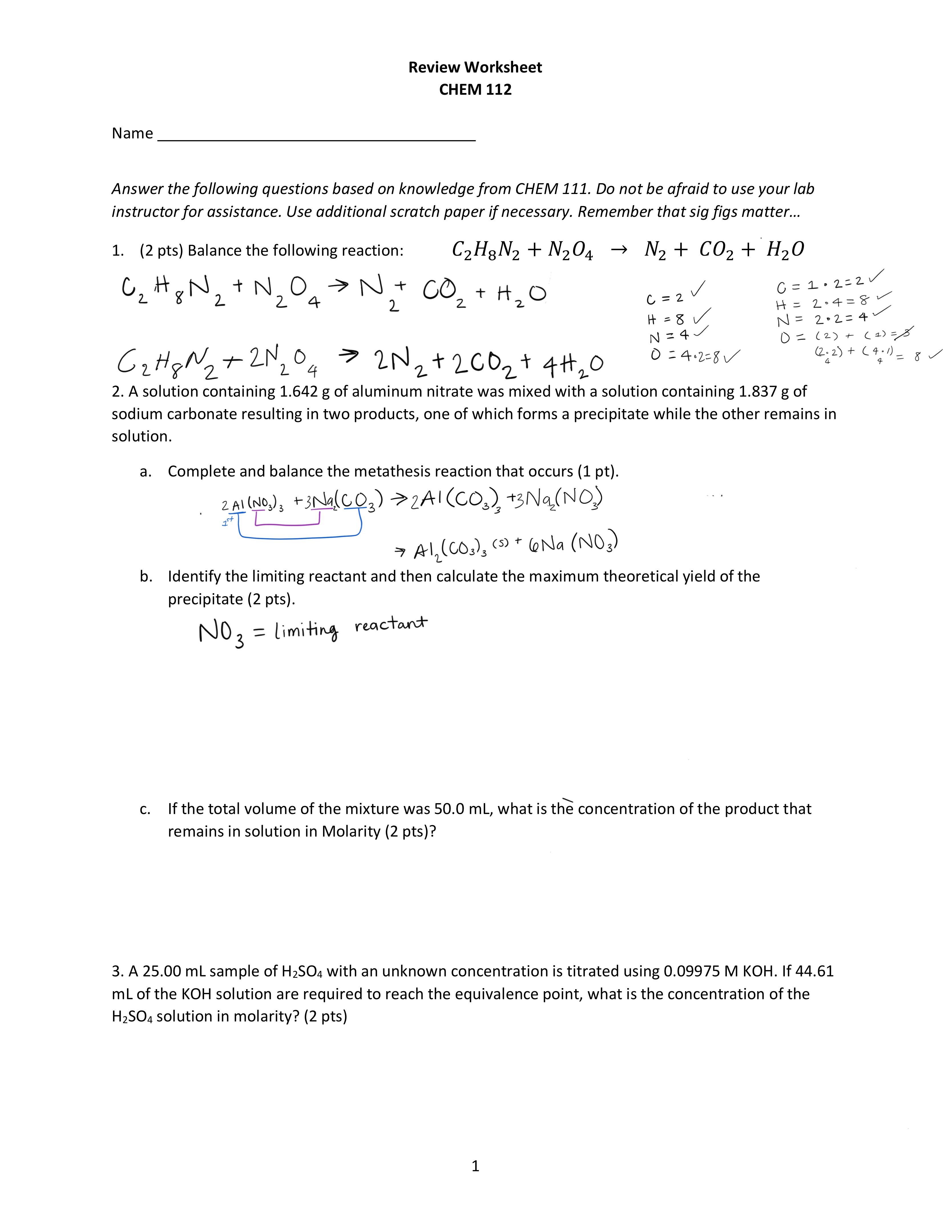 Solved Review Worksheet CHEM 112 Name. Answer The Following | Chegg.com