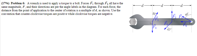 Solved (17%) Problem 6: A wrench is used to apply a torque | Chegg.com