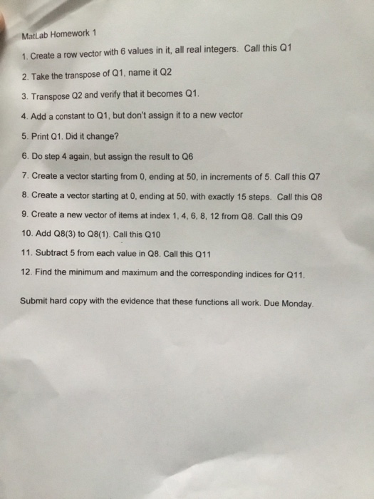 Solved MatLab Homework 1 1.Create a row vector with 6 values | Chegg.com